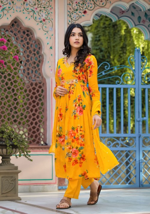 Chinnon Silk Party wear Anarkali in 3pc Set with Straight Pant and Chiffon Dupatta - Yellow