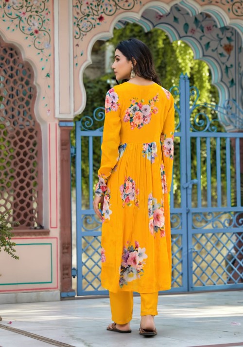 Chinnon Silk Party wear Suit in 3pc Set with Straight Pant and Chiffon Dupatta - Yellow