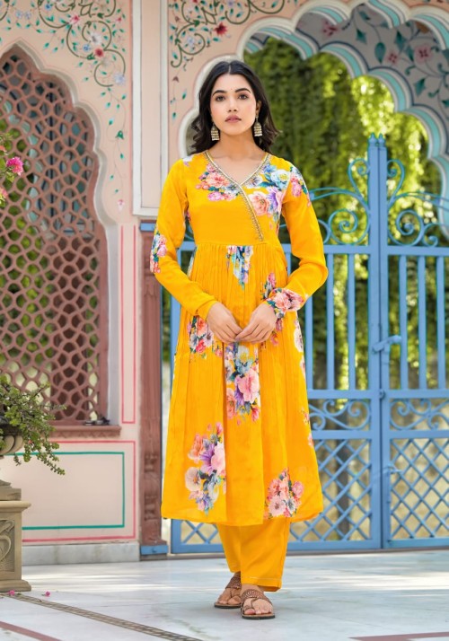 Chinnon Silk Party wear Suit in 3pc Set with Straight Pant and Chiffon Dupatta - Yellow