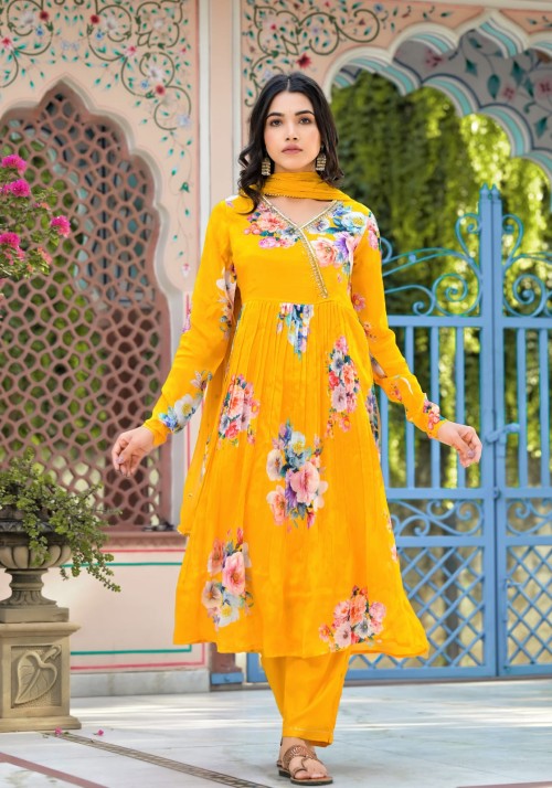 Chinnon Silk Party wear Suit in 3pc Set with Straight Pant and Chiffon Dupatta - Yellow