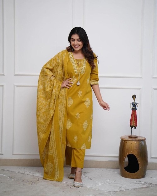 Pure Cotton Regular Style Suit in 3pc Set with Straight Pant and Pure Cotton Dupatta - Mustard Mehndi