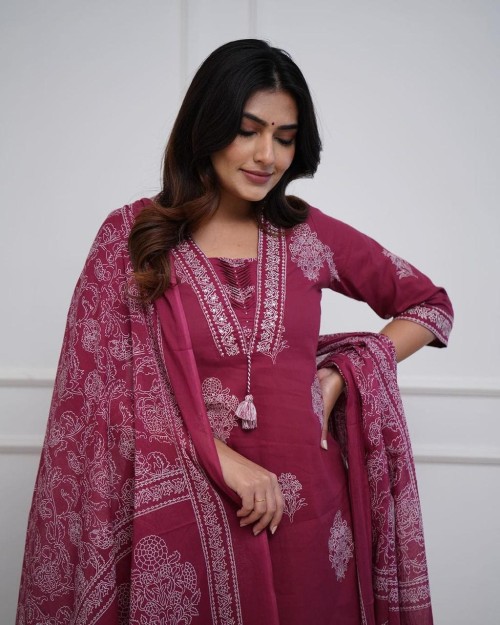 Pure Cotton Regular Style Suit in 3pc Set with Straight Pant and Pure Cotton Dupatta - Maroon