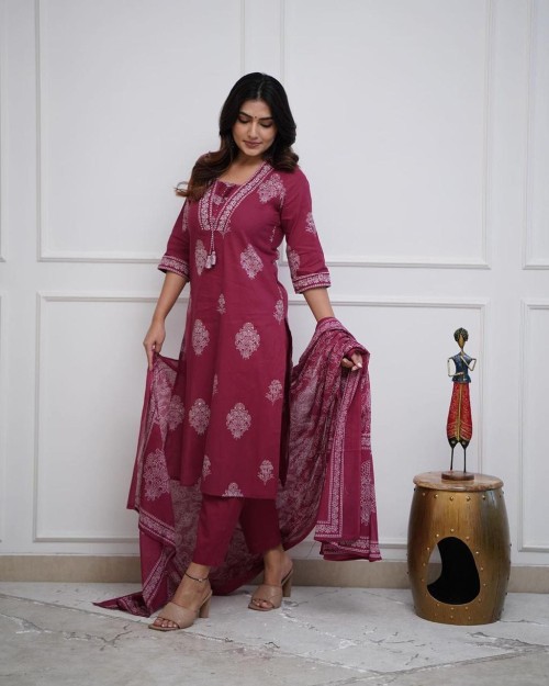 Pure Cotton Regular Style Suit in 3pc Set with Straight Pant and Pure Cotton Dupatta - Maroon