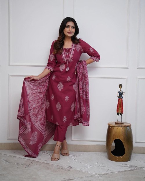 Pure Cotton Regular Style Suit in 3pc Set with Straight Pant and Pure Cotton Dupatta - Maroon