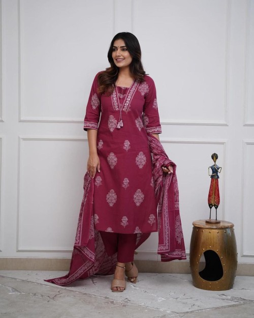 Pure Cotton Regular Style Suit in 3pc Set with Straight Pant and Pure Cotton Dupatta - Maroon