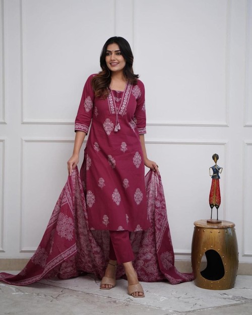 Pure Cotton Regular Style Suit in 3pc Set with Straight Pant and Pure Cotton Dupatta - Maroon