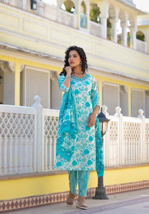 Pure Cotton Regular Style Suit in 3pc Set with Straight Pant and Pure Cotton Dupatta - White Sea Green