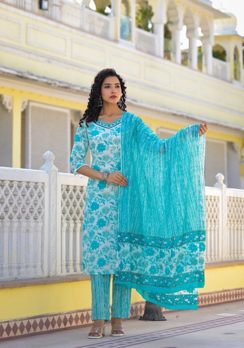 Pure Cotton Regular Style Suit in 3pc Set with Straight Pant and Pure Cotton Dupatta - White Sea Green