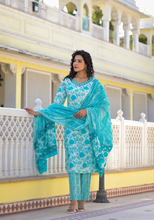 Pure Cotton Regular Style Suit in 3pc Set with Straight Pant and Pure Cotton Dupatta - White Sea Green