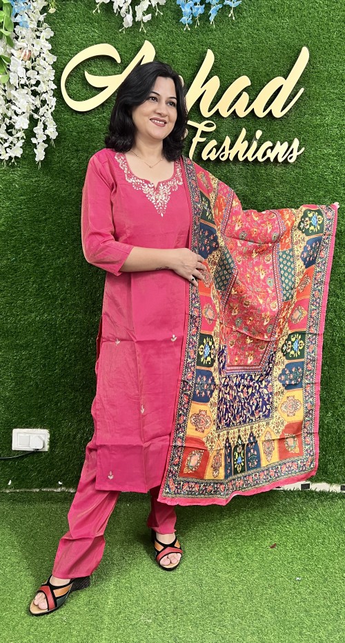 Shimmer Silk Straight Style Suit in 3pc Set and Modal Dupatta - Hot Pink