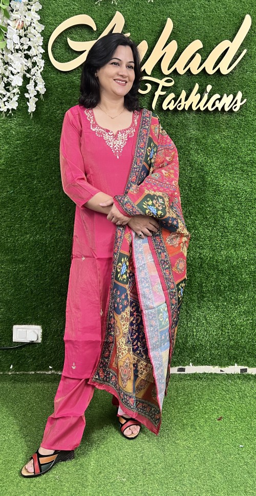 Shimmer Silk Straight Style Suit in 3pc Set and Modal Dupatta - Hot Pink