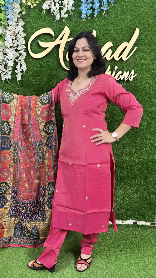 Shimmer Silk Straight Style Suit in 3pc Set and Modal Dupatta - Hot Pink