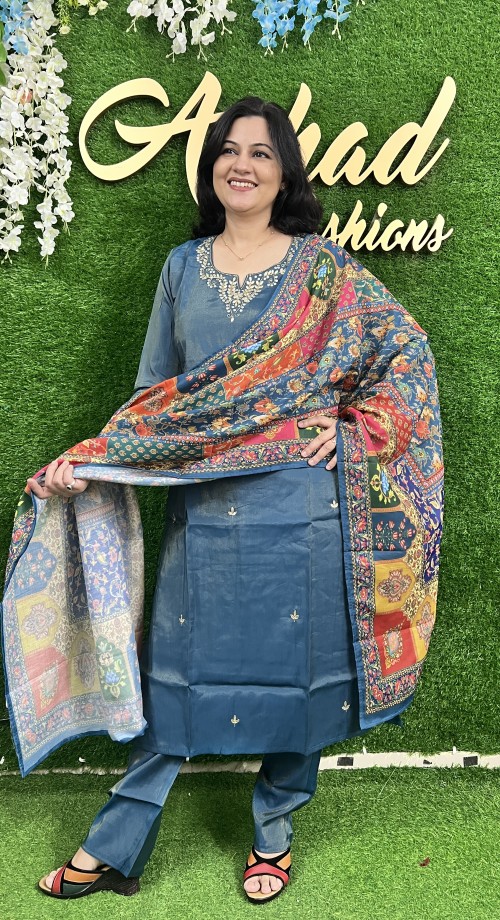 Shimmer Silk Straight Style Suit in 3pc Set and Modal Dupatta - Teel Blue