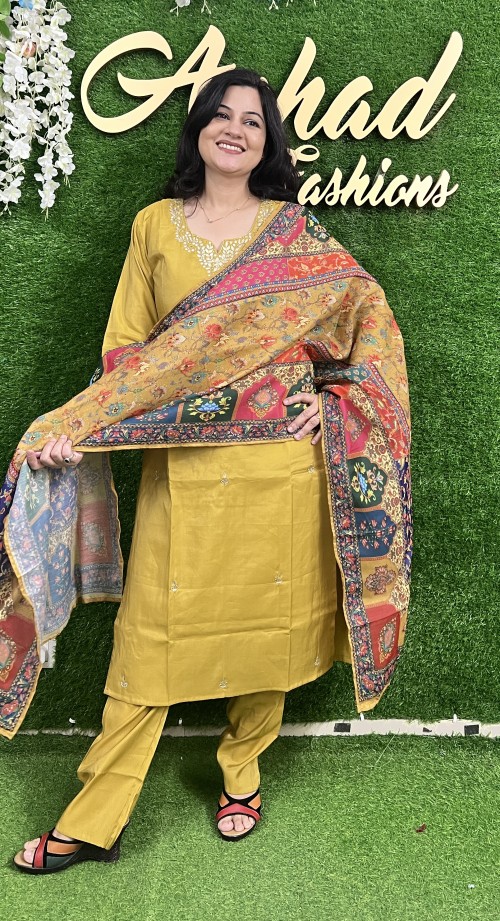 Shimmer Silk Straight Style Suit in 3pc Set and Modal Dupatta - Mustard Yellow