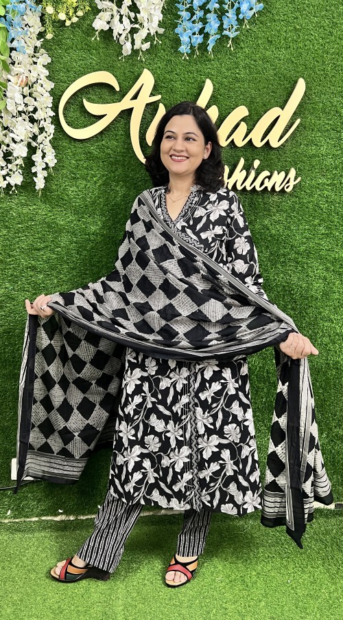 Pure Cotton A-Line Angrakha Style Suit in 3pc Set with Straight Pant and Pure Cotton Dupatta - Black White