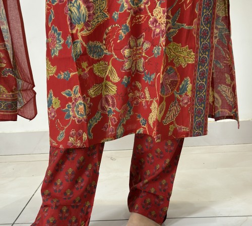 Pure Cotton Regular Suit in 3pc Set with Straight Pant and Pure Cotton Dupatta - Red