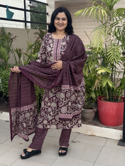 Pure Cotton Regular Style Suit in 3pc Set with Straight Pant and Pure Cotton Dupatta - Wine Grey