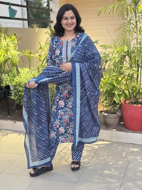 Pure Cotton Regular Style Suit in 3pc Set with Straight Pant and Pure Cotton Dupatta - Ink Blue