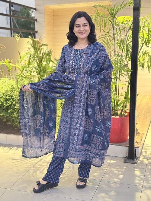 Pure Cotton Regular Style Suit in 3pc Set with Straight Pant and Pure Cotton Dupatta - Indigo