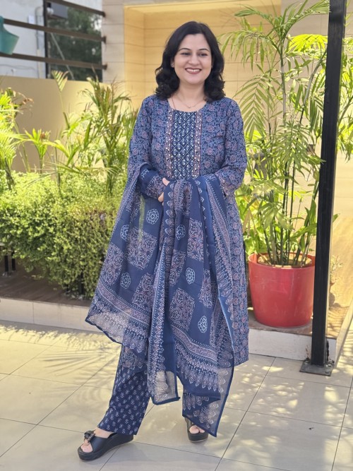 Pure Cotton Regular Style Suit in 3pc Set with Straight Pant and Pure Cotton Dupatta - Indigo