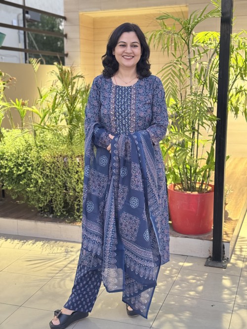 Pure Cotton Regular Style Suit in 3pc Set with Straight Pant and Pure Cotton Dupatta - Indigo