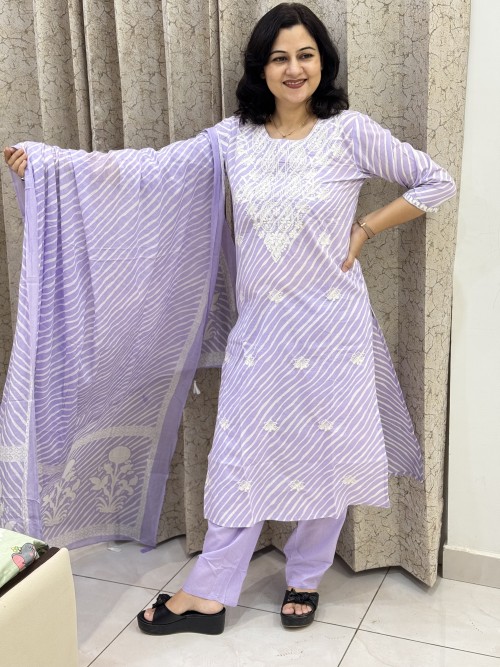 Pure Cotton Embroidered Regular Style Suit in 3pc Set with Straight Pant and Pure Cotton Dupatta - Lilac Lehriya