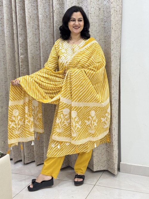 Pure Cotton Embroidered Regular Style Suit in 3pc Set with Straight Pant and Pure Cotton Dupatta - Yellow Lehriya