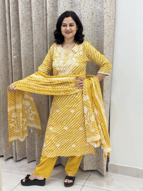 Pure Cotton Embroidered Regular Style Suit in 3pc Set with Straight Pant and Pure Cotton Dupatta - Yellow Lehriya