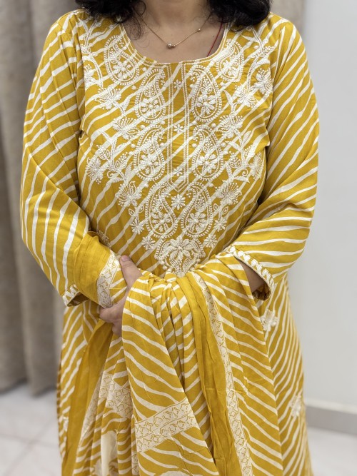 Pure Cotton Embroidered Regular Style Suit in 3pc Set with Straight Pant and Pure Cotton Dupatta - Yellow Lehriya