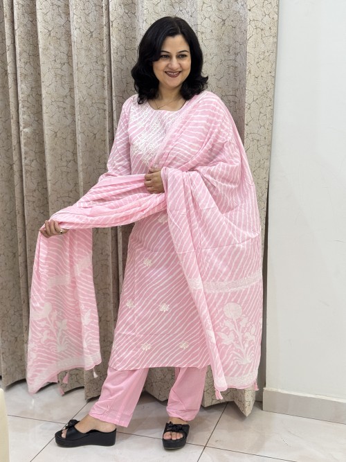 Pure Cotton Embroidered Regular Style Suit in 3pc Set with Straight Pant and Pure Cotton Dupatta - Baby Pink Lehriya