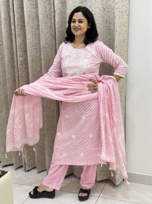 Pure Cotton Embroidered Regular Style Suit in 3pc Set with Straight Pant and Pure Cotton Dupatta - Baby Pink Lehriya