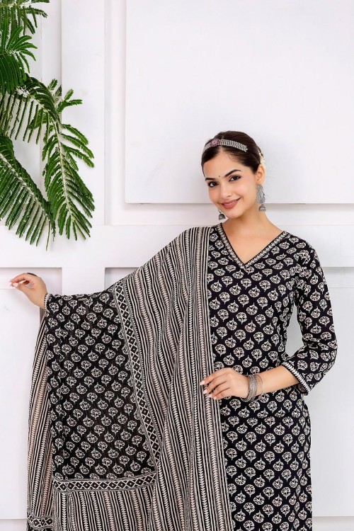 Pure Cotton Regular Style Suit in 3pc Set with V Neck & Straight Pant and Pure Cotton Dupatta - Black