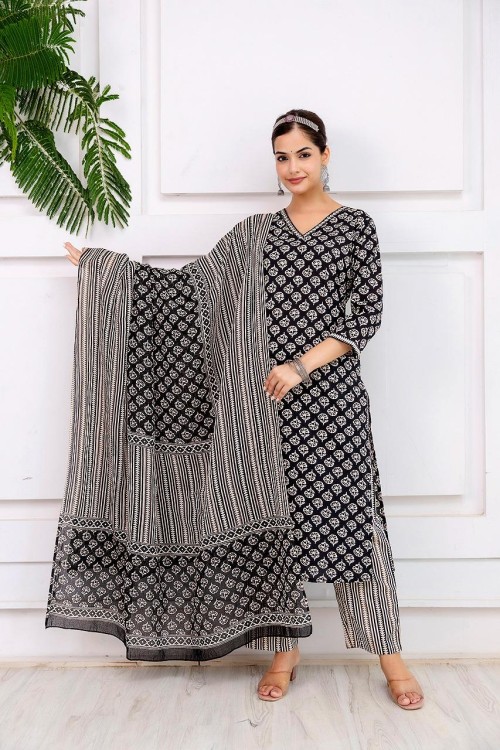 Pure Cotton Regular Style Suit in 3pc Set with V Neck & Straight Pant and Pure Cotton Dupatta - Black