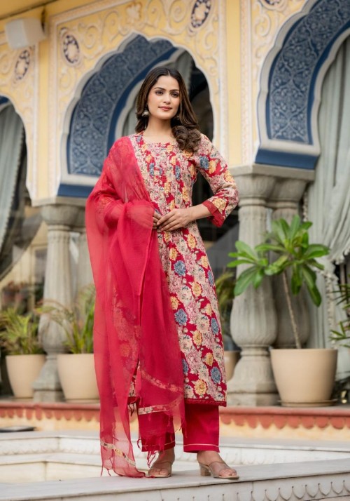 Pure Mal Cotton Pintex Style Suit in 3pc Set with Straight Pant and Kota Doria Dupatta - Pink