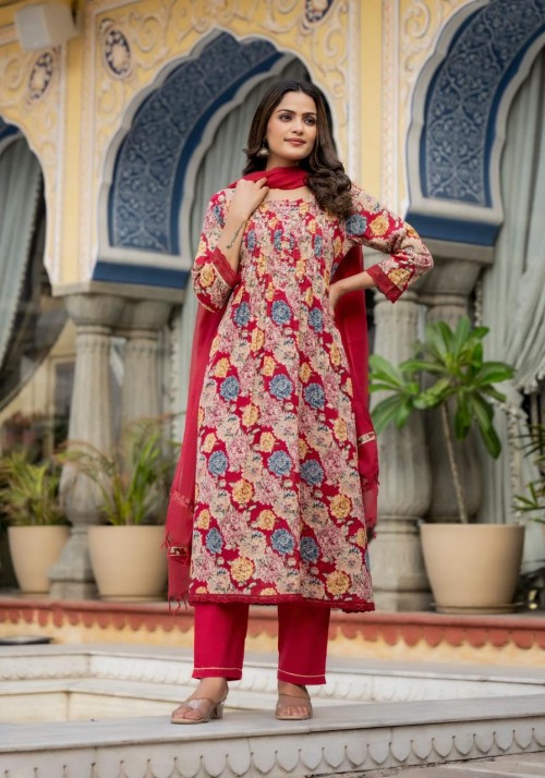 Pure Mal Cotton Pintex Style Suit in 3pc Set with Straight Pant and Kota Doria Dupatta - Pink