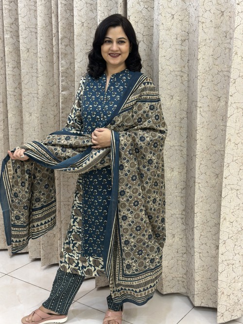 Pure Cotton Ajrak Print Regular Style Suit in 3pc Set & Straight Pant and Pure Cotton Dupatta - Peacock Blue