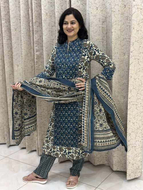 Pure Cotton Ajrak Print Regular Style Suit in 3pc Set & Straight Pant and Pure Cotton Dupatta - Peacock Blue