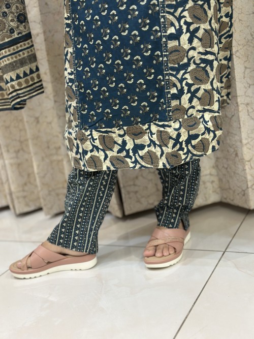 Pure Cotton Ajrak Print Regular Style Suit in 3pc Set & Straight Pant and Pure Cotton Dupatta - Peacock Blue