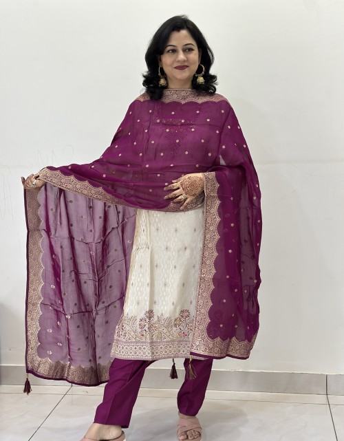 Banarasi Silk Straight Style Suit in 3pc Set and Pure Dupatta - Off White Purple