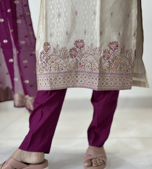 Banarasi Silk Straight Style Suit in 3pc Set and Pure Dupatta - Off White Purple