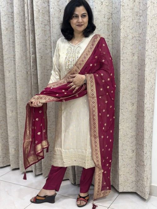 Banarasi Silk Straight Style Suit in 3pc Set and Pure Dupatta - Off White Wine