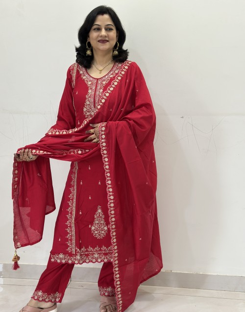 Cotton Silk Straight Style Suit in 3pc Set and Silk Dupatta - Hot Red