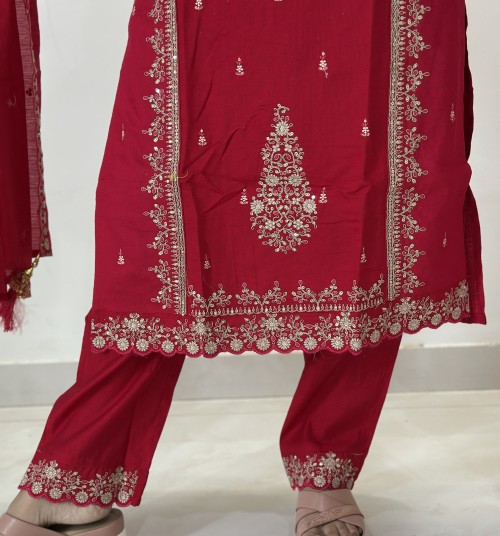 Cotton Silk Straight Style Suit in 3pc Set and Silk Dupatta - Hot Red