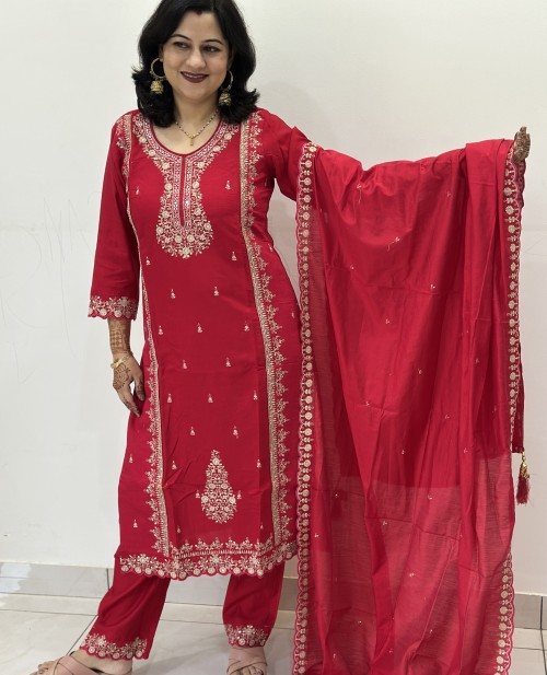 Cotton Silk Straight Style Suit in 3pc Set and Silk Dupatta - Hot Red