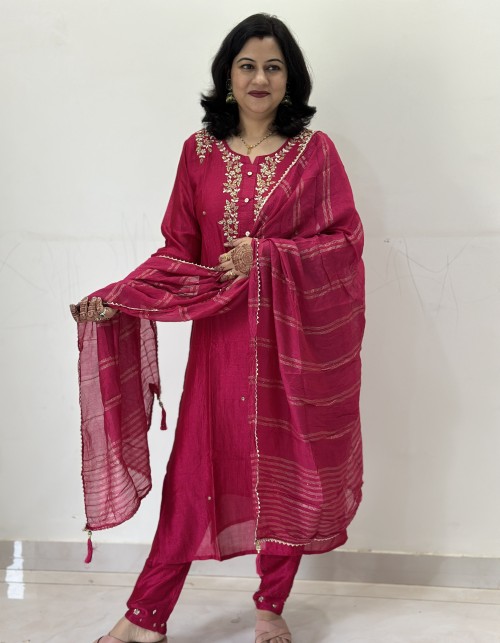 Dola Silk Straight Style Suit in 3pc Set and Silk Dupatta - Hot Pink