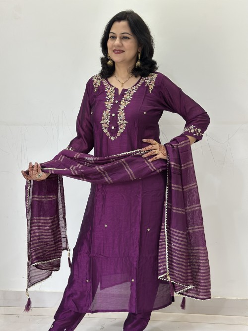 Dola Silk Straight Style Suit in 3pc Set and Silk Dupatta - Purple