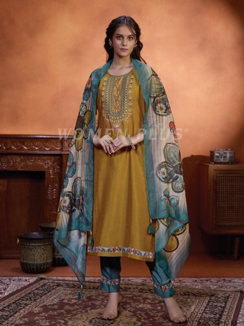 Cotton Silk Straight Style Suit in 3pc Set and Silk Dupatta - Mustard (Plus Size)