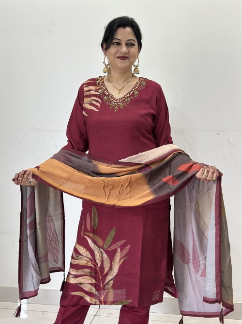 Pure Maslin Regular Style Suit in 3pc Set with Straight Pant and Maslin Dupatta - Maroon