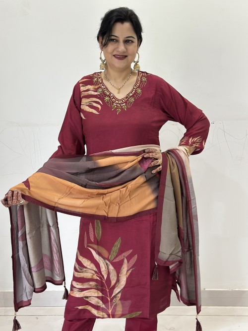 Pure Maslin Regular Style Suit in 3pc Set with Straight Pant and Maslin Dupatta - Maroon