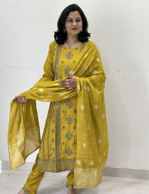 Cotton Silk Straight Style Suit in 3pc Set and Banarsi Silk Dupatta - Mustard Yellow